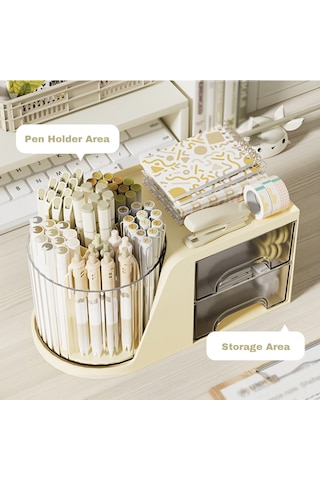 Springsun Beyaz Plastik Masa Düzenleyici - 360 Derece Döner Kalem Kutusu, 2 Çekmeceli Ve Fakatlı, Ofis/öğrenci Stokaj Gereci, Çok Amaçlı Masa Tahtası Organizatörü Beyaz