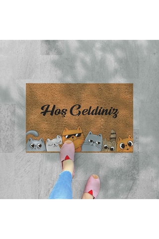 Hoş Geldiniz Yazılır Temalı Kedili Dekoratif Dış Kapı Önü Ve Iç Mekan Paspası Yıkanabilir Toz Alıcı Ekru