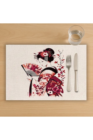 Çin Yelpazeli Kadın Tasarımlı Amerikan Servis, Tabak Altlığı & Şık Masa Dekoru, Ev Hediyesi, 2 Adet Krem