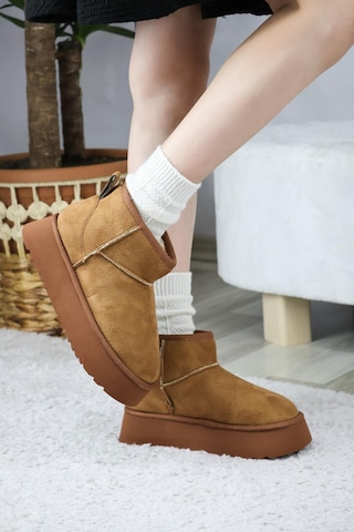 Asmi Shoes Kadın Pavro Süet İçi Kürklü Kalın Taban 4.5 Cm Mini Kısa Bot Kahverengi Kahverengi