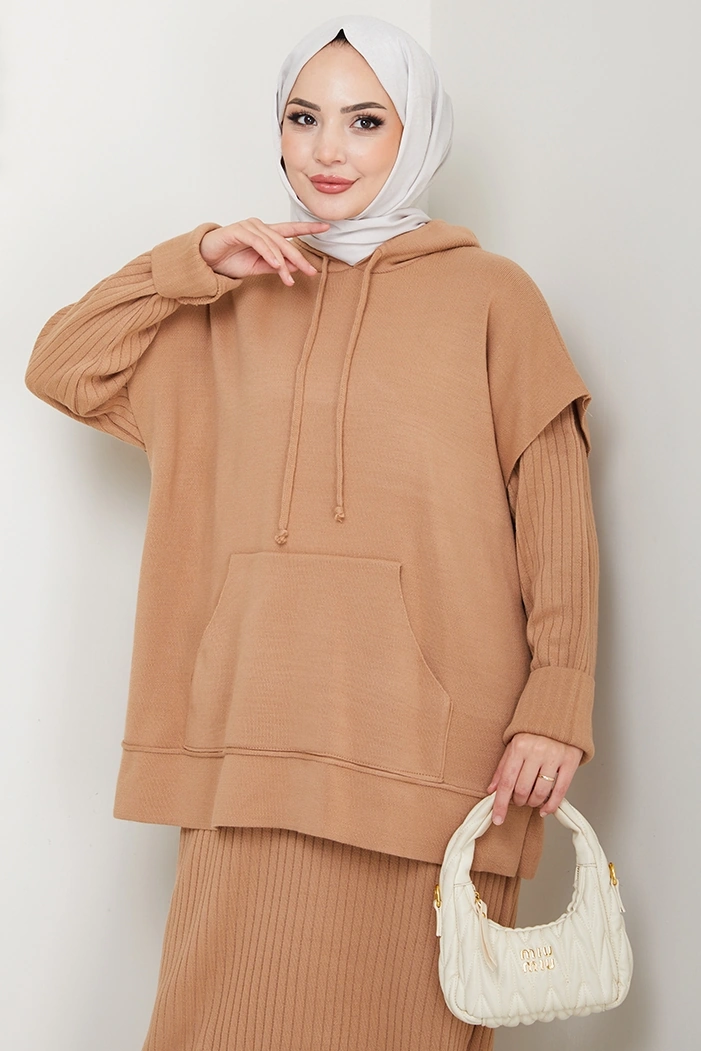 Bestenur Kapüşonlu Tunik Elbise Triko Takım 1645 - Vizon Vizon