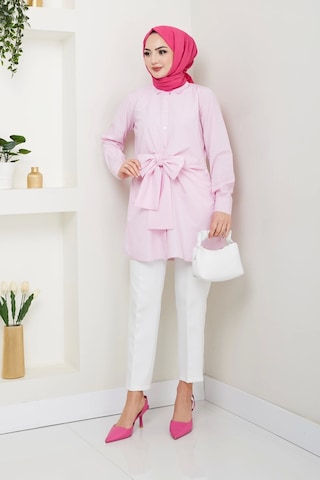 Çizgili Poplin Bağlamalı Gömlek - Pudra / Ü103 Pudra