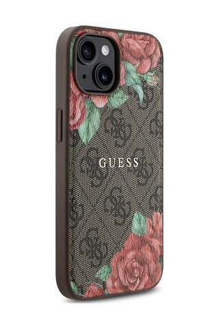 Apple Uyumlu iPhone 15 Kılıf Guess Lisanslı Magsafe Şarj Özellikli Gül Baskılı 4g Desenli Yazı Logolu Kahverengi