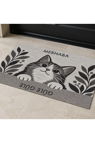 Merhaba Güle Güle Kedili Kapı Paspası, Kaymaz Kauçuk Taban, Makinede Yıkanabilir, Dijital Baskılı Kapı Önü Ve Antre Paspası, Antrasit, 60x90 Cm Diğer