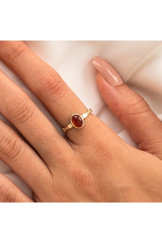 Gümüş Yüzük - Akik Taşlı Oval Kesim Boğumlu Tektaş Modern Tasarım 925 Ayar Gümüş Kadın Yüzük Sarı