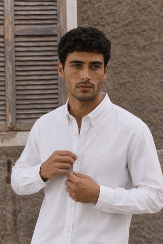 Respire Erkek Minimal Baskılı Oversize Dokulu Gömlek Beyaz