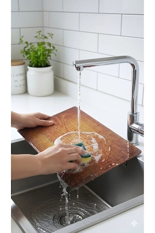 Eski Ahşap Desenli Cam Kesme Tahtası, Kesme Tablası Kenarları Oval, Antibakteriyal, Ahşap