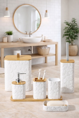 Makri Home Desenli 7 Parça Bambu Kapaklı Ve Aksesuarlı Banyo Seti Beyaz - Gri