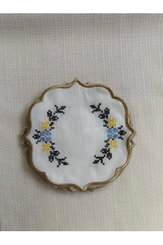 Nivemeshome Kanaviçe Nakışlı Sarı-mavi Oval 6 Adet Keten Kokteyl Peçetesi Kahve Yanı Sunumluk Çok Renkli