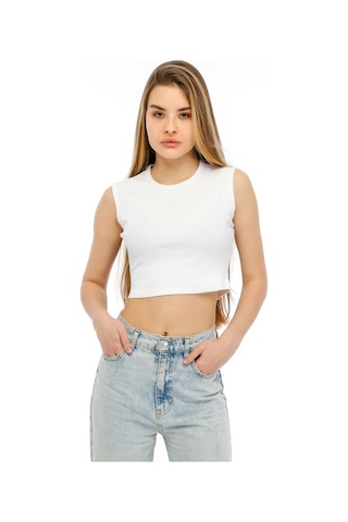 Bella Dossi Rahat Beyaz Kaşkorse Kolsuz Sıfır Yaka Kadın Crop Top Beyaz
