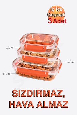Lock&fresh Master Dikdörtgen Saklama Kabı 565,975,1675 Ml Üçlü Set Turuncu