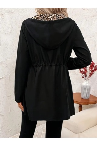 Kadın Uzun Kollu Kapşonlu Çift Taraflı Cepli Bağcıklı Fermuarlı Viskon Iki Iplik Ceket Leopar