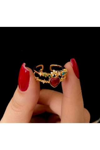 Kadın Yüzük İthal Zirkon Kararmaz Kalp Çicek Ayarlanabilir Kadın Yüzük Altın