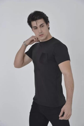 Modi Erkek File Cepli Slim Fit T-shirt - Siyah Açık Lacivert - Gri - Siyah