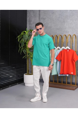 Modefendi Pamuk Likra Yırtmaç Detaylı 2 İplik Oversize Tshirt Yeşil