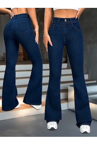 Efnaz Style Kadın Yüksek Bel Paçaya Doğru Geniş Kot Pantolon Lacivert