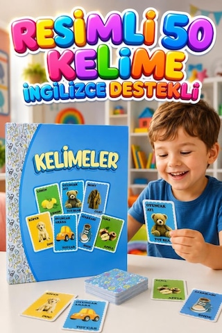 İngilizce - Türkçe Eğitim Kartları - 50 Kelime Kartı İle Çocuklar İçin Görsel Dil Gelişim Seti