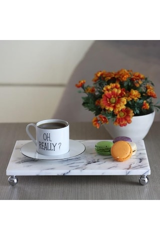 Akayev Mermer Leylak 30x20 Cm Gümüş Boncuk Ayak Sunum Tabağı Beyaz