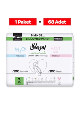 Sleepy Natural Double Soft Avantajlı Mega Paket Bebek Bezi 3 Numara Midi 68 Adet