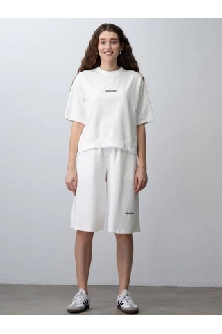 Zekids Kız Çocuk Pamuklu Tasarım Oversize T-shirt Şortlu Takım-15782 Ekru