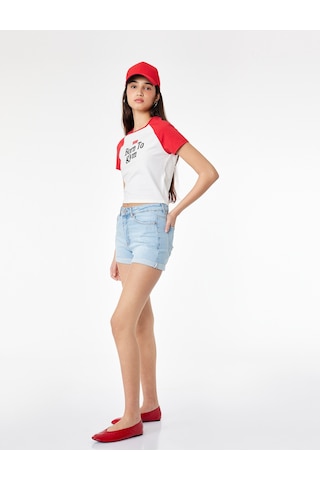 Koton Pamuklu Yüksek Bel Slim Fit Duble Paça Mini Denim Şort Açık İndigo 6sal40005md