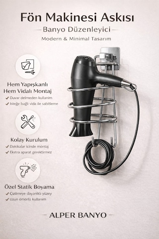 Alper Banyo Krom Kare Fön Makinesi Askısı Saç Kurutma Makinesi Tutacağı Yapışkanlı
