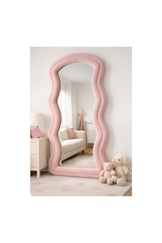 Melisa Serisi Ayaklı Kumaşlı Boy Aynası - Modern Dalgalı Tasarım Büyük Boy Ayna Pembe