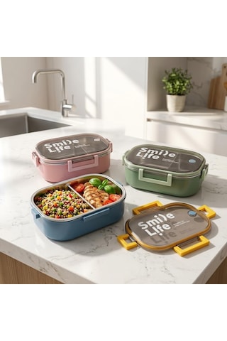 Lexroo Paslanmaz Çelik Yemek Kabı 980 Ml, Bölmeli İç Hazneli Kilitli Kapaklı Lunch Box Çok Renkli