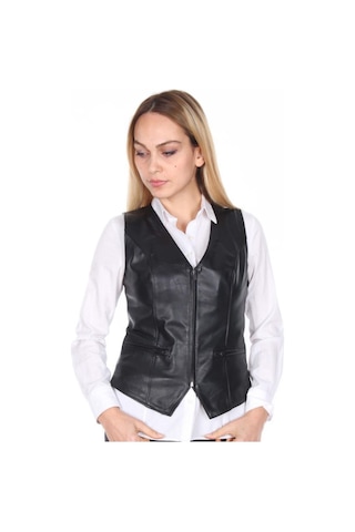 Deriwork Hakiki Deri Siyah Casual Fermuarlı Kadın Deri Yelek Siyah