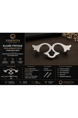 Paslanmaz Vintage Klasik Mobilya Kulpu 64 Mm Delik Arası Premium Dolap Kulbu Çoklu Renk