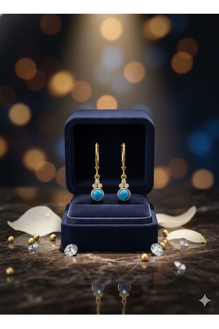 925 Ayar Papatya Silver Mavi Opal Taşlı Küpe.rose.gold.rodaj Gümüş