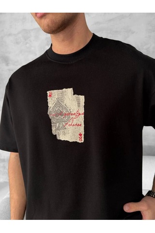Barlashive Erkek Tişört Kısa Kol Ön Ve Arka Baskılı Oversize Bisiklet Yaka T-shirt - Siyah Çok Renkli