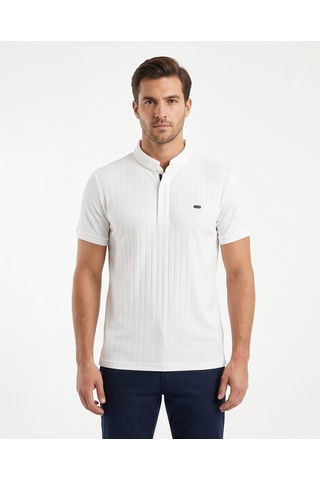 Özeniş Erkek Polo Yaka Slim Fit Çizgili Desen Kaşkorse T-shirt Beyaz