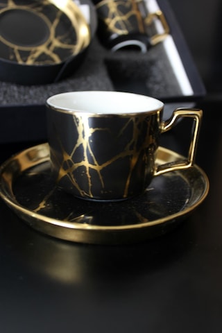 Porselen 6 Kişilik Kahve Fincan Takımı Siyah Gold Tr2934