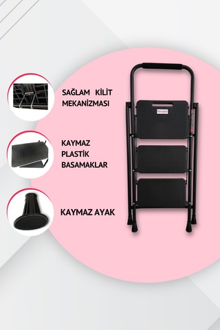 Portalife 3 Basamaklı Uzun Tutacaklı Şık Siyah Çelik Merdiven 3 Basamak