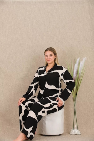 Naam Büyük Beden Siyah Beyaz Desenli Düğmeli Uzun Kol Viskon Pijama Takımı Çok Renkli
