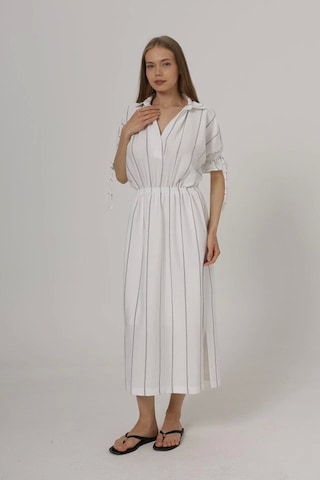 Defymoda Beli Lastikli Elbise - Beyaz Beyaz