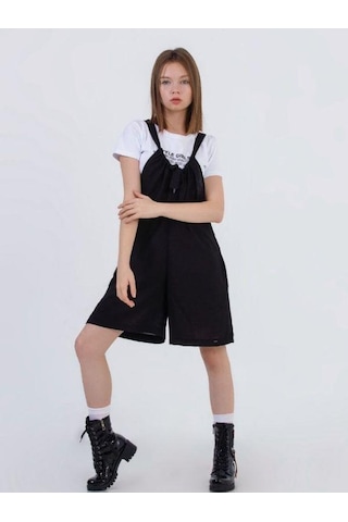 Zekids Kız Çocuk Askılı Kısa Tshirt İle Takım Keten Tulum-13784 Siyah