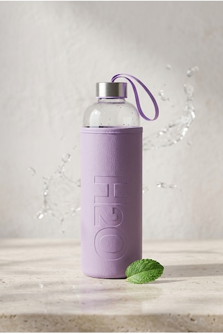 H2o Sağlıklı Cam Matara 1000 Ml Su Şişesi, Deri Kılıflı 1 Lt Sporcu Suluğu Mor
