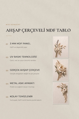Beyaz Çerçeveli Ivory Meadow Peony 3 Lü Ahşap Çerçeveli Mdf Tablo Seti Şakayık, Lavanta Ve Papatya Kuru Çiçek Temalı Kabartma Görünümlü Renk: Beyaz