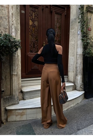 Hazego Üç Düğme Detayli Palazzo Pantolon Kahve