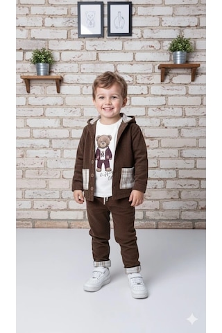 Bontino Erkek Çocuk %100 Pamuk Kadife Hırka, Pantolon Ve Ayıcık Baskılı Sweatli 3'lü Premium Seri K.kahverengi