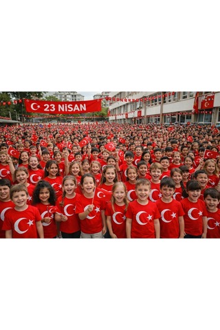 Parti Selesi Unisex 3 Adet Çocuk Bayrak Baskılı Kısa Kollu T-shirt Kırmızı