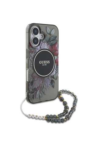 Apple iPhone 16 Uyumlu Kılıf Guess Lisans Magsafe Özellik Iml Baskılı Çiçek İnci Bileklikli Siyah
