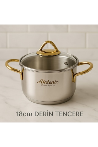 Elit Serisi 20 Cm 3 Lt Gold Kulplu Paslanmaz Çelik Tencere Cam Kapaklı, Şık 18/10-142 Metalik