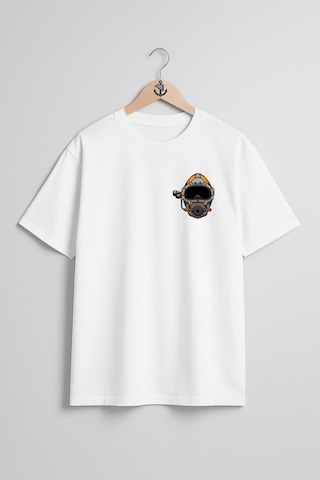 Oversize Dalgıç Başlığı - Diving Helmet Cep Ve Sırt Tasarımlı Unisex T-shirt Beyaz