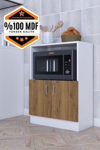 Rafineri Makro Dolap Çok Amaçlı Mikrodalga Fırın Dolabı Mdf Ceviz Beyaz