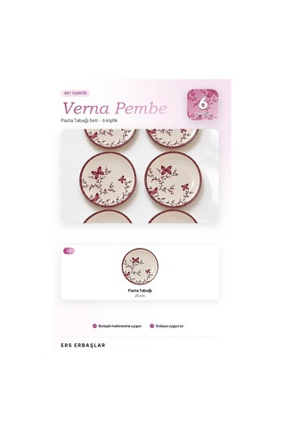 Verna Pembe 6'lı Pasta Tabağı Seti 20 Cm