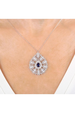 Mia vento Pırlanta Montür Sentetik Safir Kraliyet Nişanı Gümüş Kolye