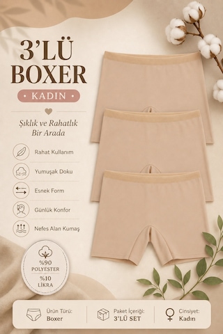 Nicoletta Kadın Lazer Kesim Dikişsiz Kadın Boxer Külot 3 Lü Ten